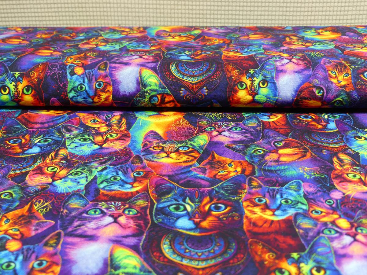 Patchworkstoff mit Katzen in frechen Neonfarben